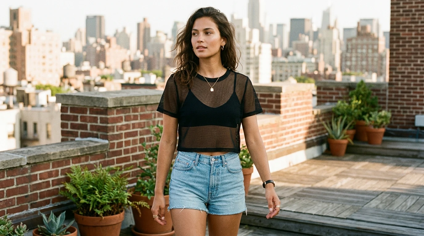 Retro Sheer Mesh Crop Top: Breathable Slim-Fit Summer Tee